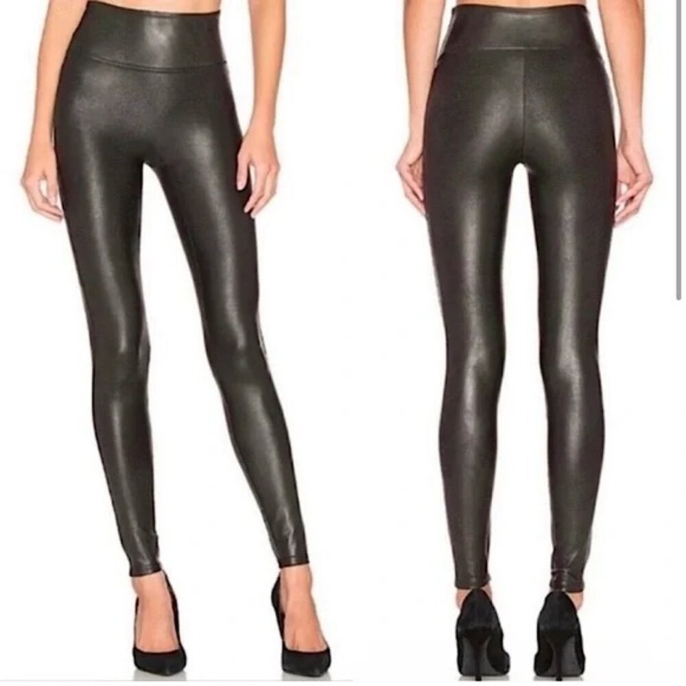 Spanx Faux Leather Leggings Black Large High Rise  Skinny Pants 2437‎